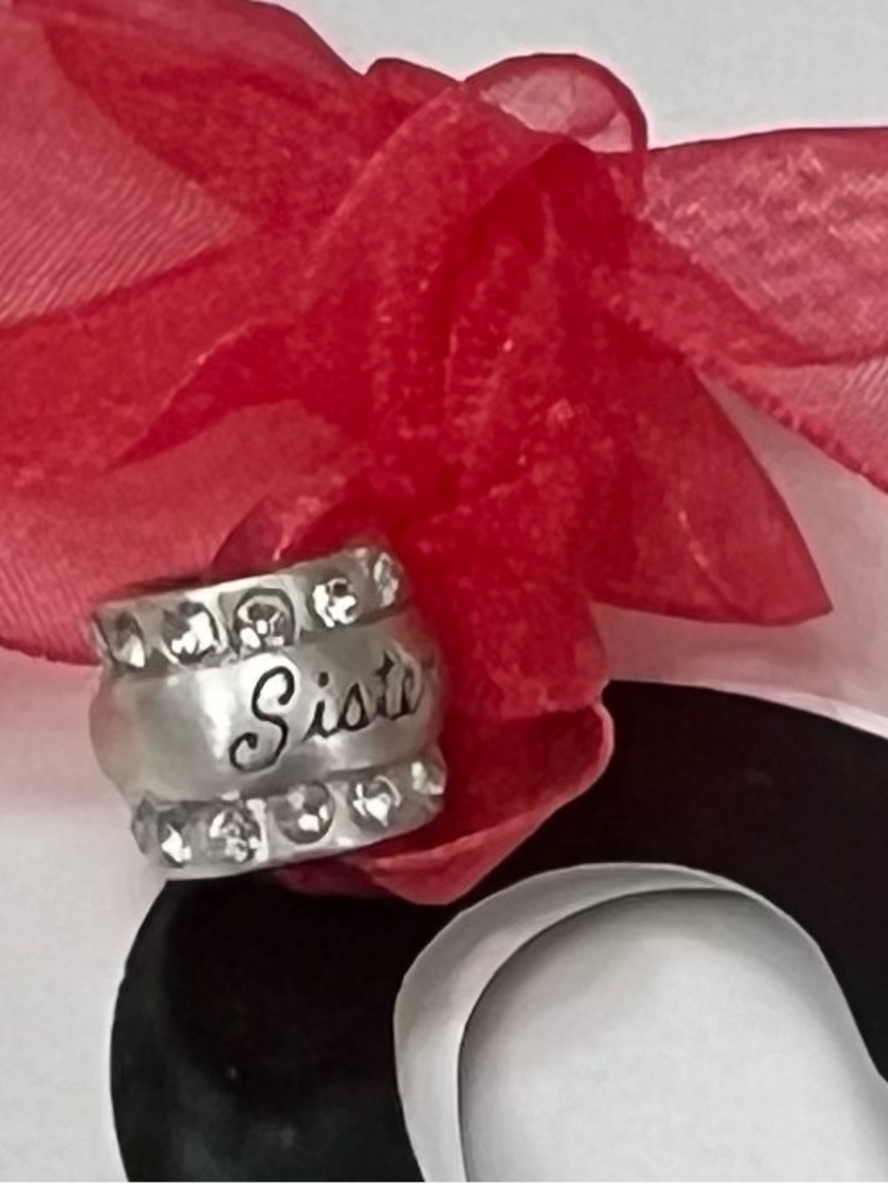 Silver 'Sister' Crystal Accent Ring Charm - Silver Tone